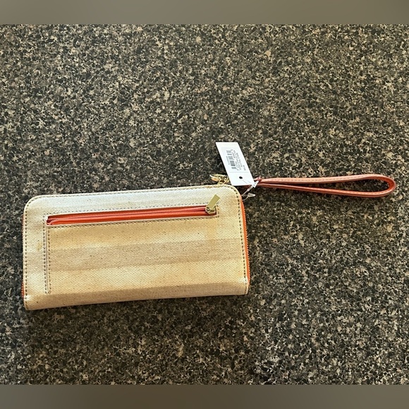 NWT Fossil Sydney Wallet Wristlet Neutral Stripe Peach Leather Accordion Clutch - Picture 5 of 8